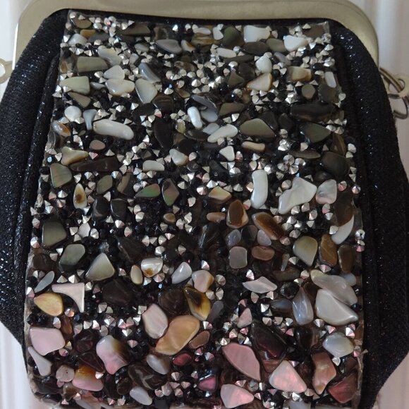 Quartz chips bling, cross body black clutch bag with push clasp closure, lined - Picture 6 of 13